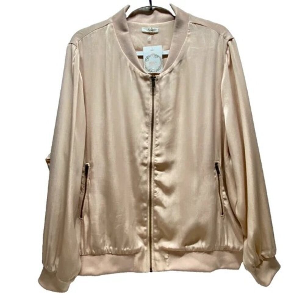 Mosa Boutique Women's 2XL Bomber Jacket Lightweight Blush Pink Faux Silk‎ NWT